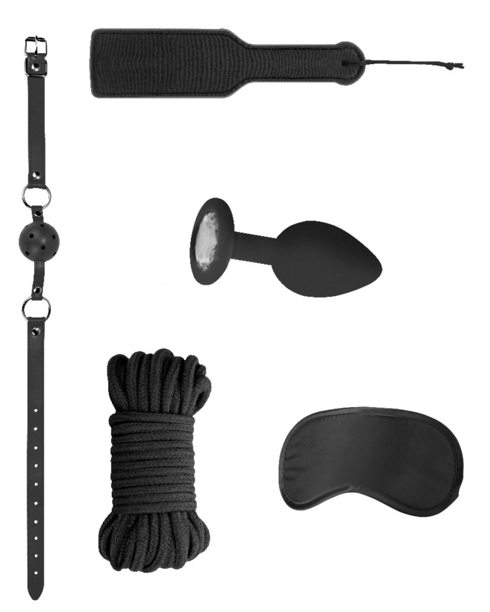 Introductory Bondage Kit №5 – набор, состоящий из 5 предметов для эротических ролевых игр и практик БДСМ. В комплекте: кляп-шарик, 2 маски, веревка, анальная пробка, шлепалка. Длина веревки - 10 м.<br> Длина шлепалки - 30,5 см.