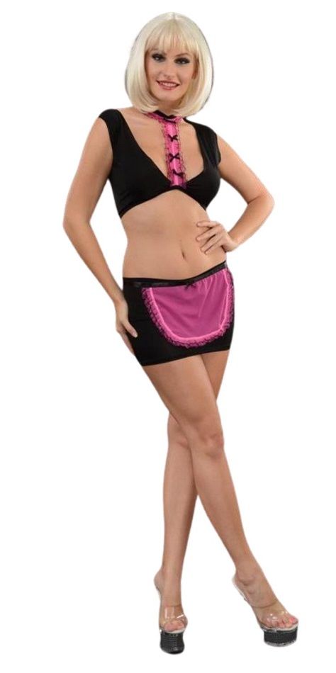 Женский черно-розовый костюм горничной. Состоит из 3 предметов: топа, юбки и фартука. В комплекте: топ, юбка, фартук.