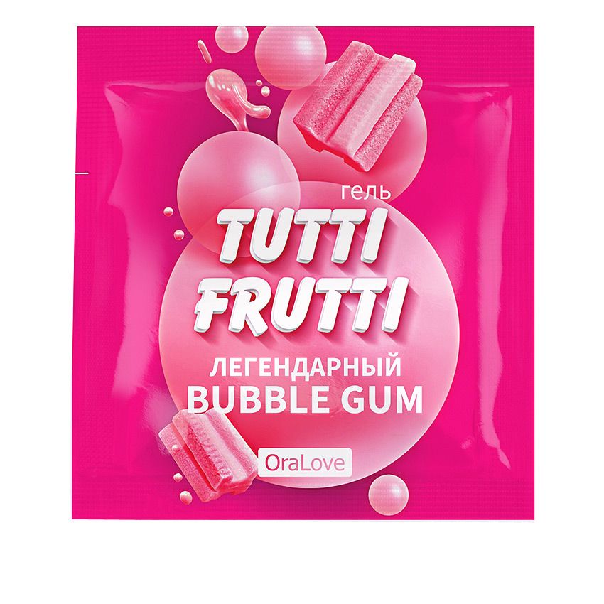 Tutti-Frutti Bubble Gum - эротическая феерия чувственности и страсти! Он внесёт яркость и разнообразие в сексуальную жизнь, подарит незабываемые ощущения и сильный оргазм. Сладкий вкус и умопомрачительный аромат геля добавят пикантности любовной игре! <br><br>   Tutti-Frutti Bubble Gum обладает нежной консистенцией, легко наносится, не залипает и приятно скользит по коже. Гель хорошо увлажняет, ароматизирует, не нарушает микрофлору интимных зон. Подходит для использования в качестве лубриканта.<br><br>   Tutti-Frutti Bubble Gum совместим с изделиями из латекса и синтетических материалов. Легко смывается водой. Безвреден при проглатывании.