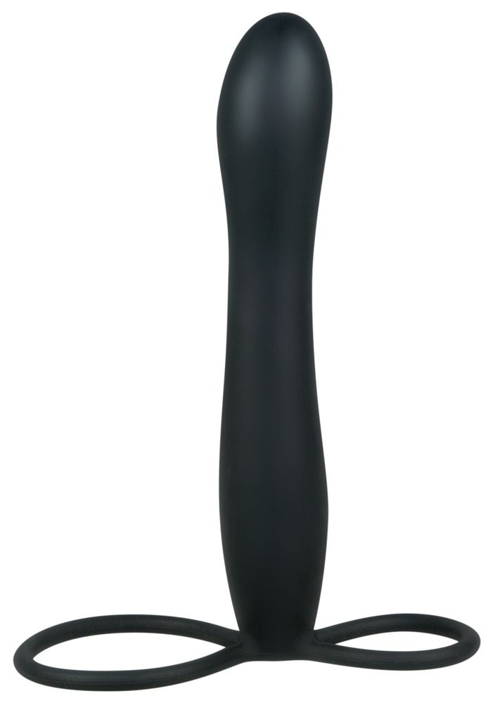 Черный страпон - двойное проникновение с подхватом мошонки для более удобного использования. Насадка страпона подходит как для вагинального, так и для анального проникновения.