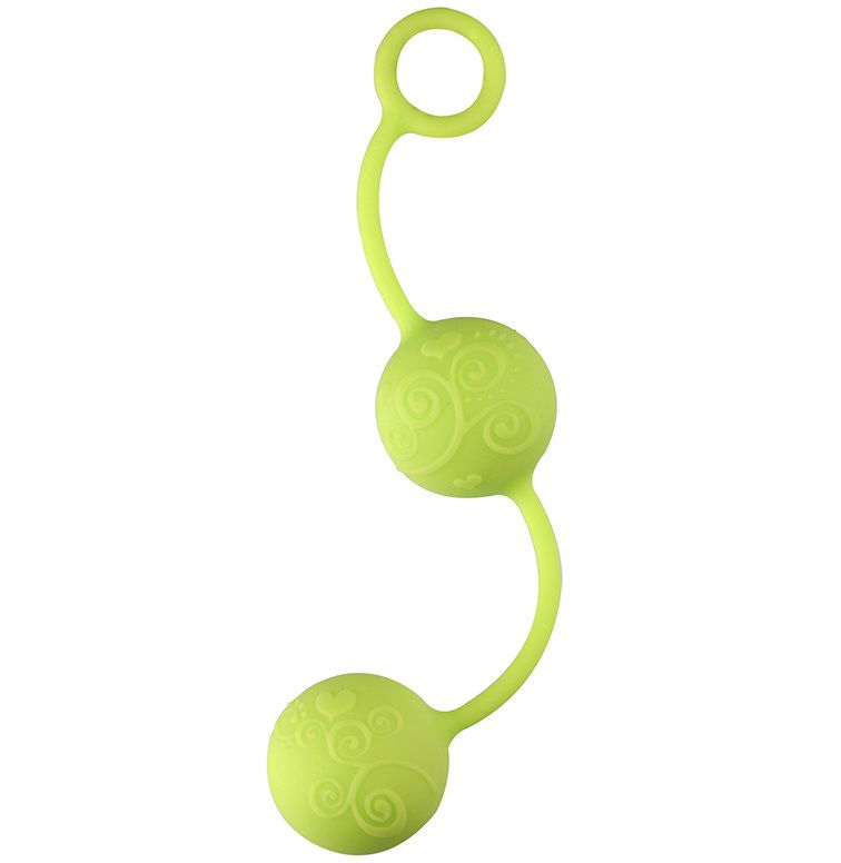 Зелёные вагинальные шарики с завитушками на поверхности. Приятные на ощупь, из силикона.