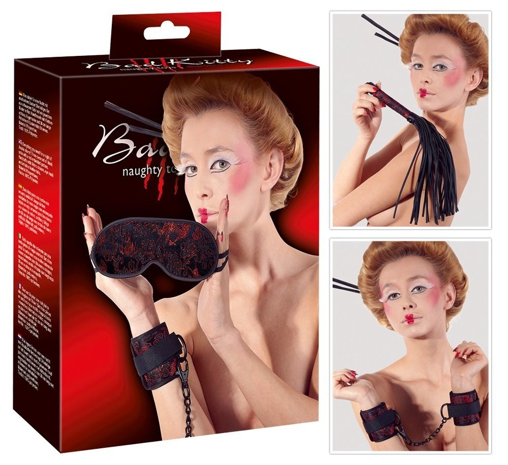 БДСМ-набор из трех предметов Asia-Erotik-Set: наручники, плеть и маска на глаза из кружев. В комплекте:наручники, плеть и маска на глаза.