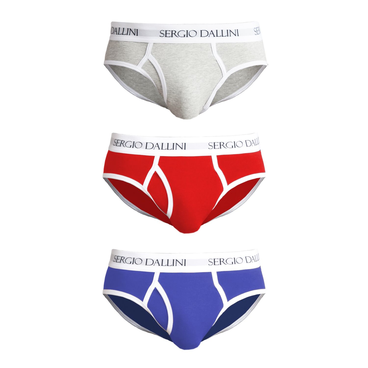 Набор из трех разноцветных трусов-брифов Sergio Dallini: светло-серых, красных и синих).