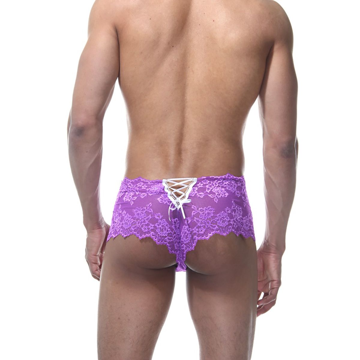 Фиолетовые мужские кружевные трусы. Сделаны из эластичной ткани, поэтому отлично подходят на любой тип фигуры. Яркая расцветка и украшение на ягодицах легко смогут украсить ваше тело.