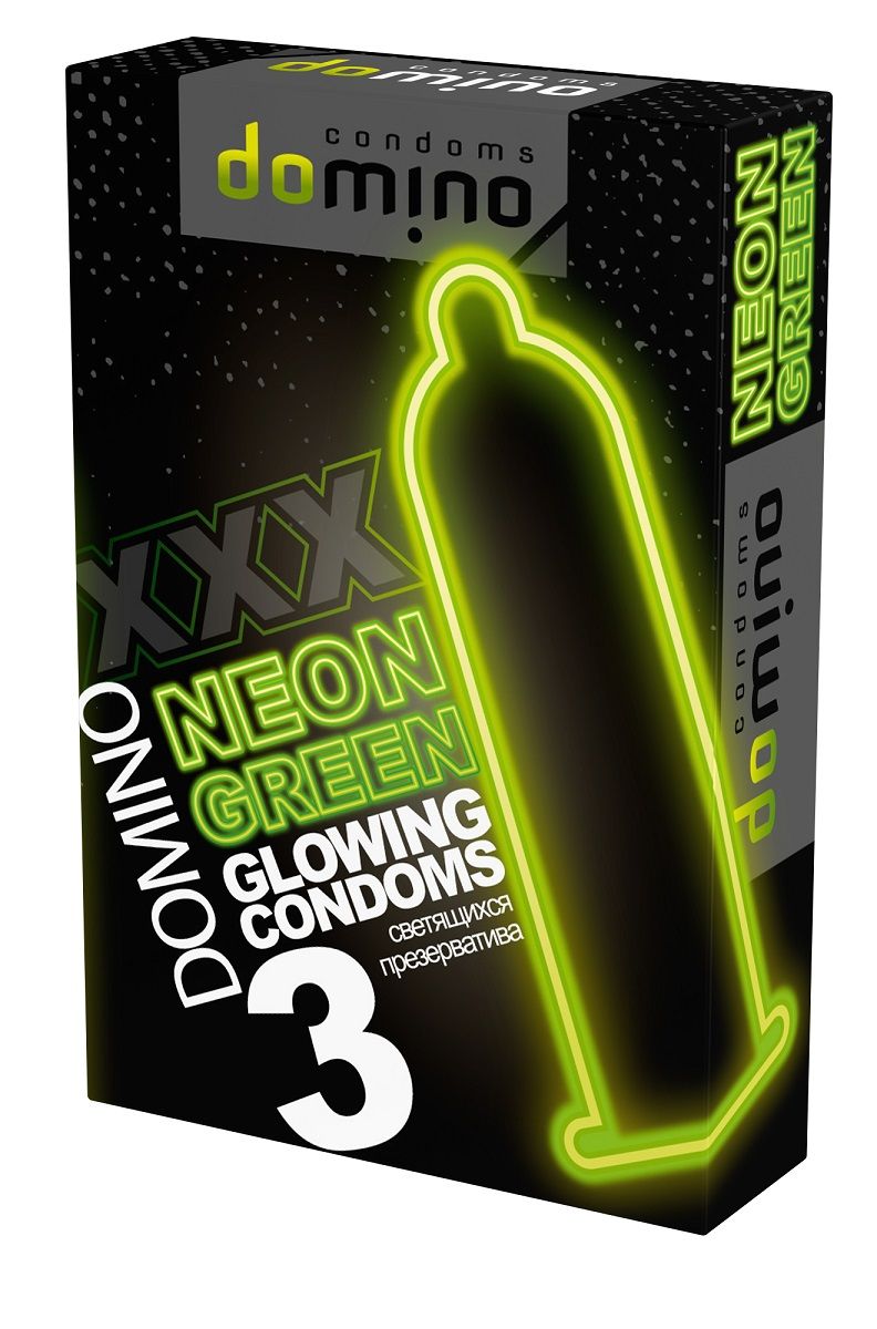 Презервативы DOMINO Neon Green со светящимся в темноте кончиком. В каждой фирменной упаковке содержится 3 гладких презерватива прозрачно-зеленого цвета с уплотнением на кончике (накопителем) темно-зеленого оттенка.  Номинальная ширина - 52 мм.<br> Толщина стенки - 0,06 мм.<br> В упаковке - 3 шт.
