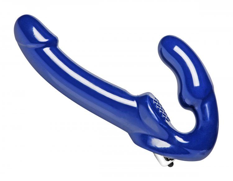 Синий безремневой страпон с функцией вибрации Revolver II. Гладкий, водонепроницаемый, вибпропуля включается одним касанием, прост в использовании.     Рабочая длина - 15,2 см.<br> Длина вагинальной пробки - 10,1 см., диаметр - 3,1 см.