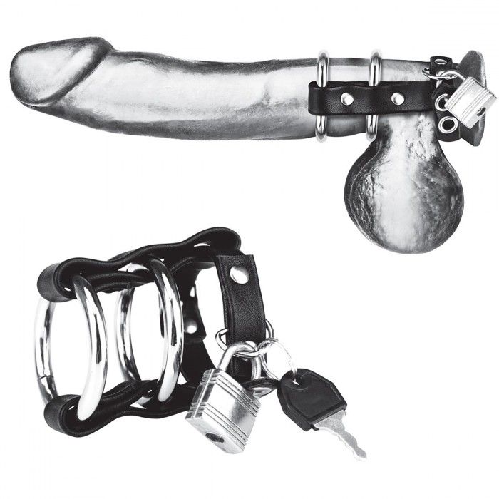 Заблокируй и сдави! Этот запираемый кожаный и металлический замок для члена предназначен для удержания эрекции, сжимает пенис и мошонку, удерживая член металлическим кольцом.