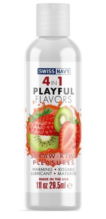 4-в-1 Playful Flavors - игривое удовольствие во всех его проявлениях! Съедобный массажный гель с согревающим эффектом, дарящий непревзойденное скольжение. Подходит для эротического массажа и в качестве лубриканта, в том числе для орального секса. <br><br> Straw-Kiwi Pleasures обладает прекрасным вкусом и насыщенным ароматом клубники и киви, чтобы соблазнить ваши чувства и вкусовые рецепторы! Потрите или подуйте на место нанесения, чтобы высвободить манящее тепло. Или насладитесь вкусом, добавив гель в массаж или используйте в качестве смазки. Straw-Kiwi Pleasures 4-in-1 Playful Flavors очаровывает и пробуждает все ваши чувства! <br><br> Playful Flavors - это смазка для вашего образа жизни. От игривой прелюдии до сюрреалистического секса, 4-в-1 Playful Flavors позволяет легко добавить больше игры в вашу личную жизнь.