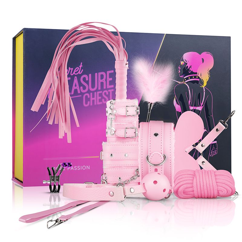 Розовый эротический набор Pink Pleasure. В комплекте плеть, оковы, наручники, ошейник, крестообразный соединитель, поводок, зажимы на соски, веревка (5 метров), кляп, маска на глаза, щекоталка.