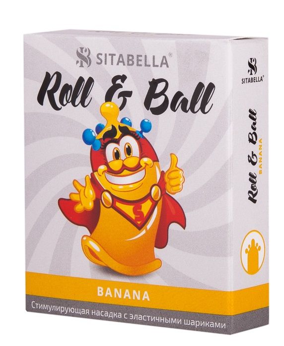 Roll & Ball – прозрачная желтая стимулирующая насадка в виде презерватива с накопителем цилиндрической формы и пятью эластичными синими шариками. Насадка покрыта силиконовой смазкой с ароматом банана, которая обеспечивает легкое и комфортное скольжение.
