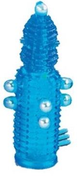 Голубая эластичная насадка на пенис с жемчужинами, точками и шипами Pearl Stimulator. Прирост длины - 3 см. Внутренний диаметр - 2 см.