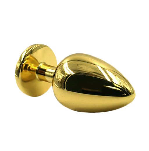 Золотая анальная пробка из алюминия размер S. Страз в основании круглой формы,  выполнен из стекла светло-розового цвета. Упакована в вельветовый мешочек для хранения. Вес - 52 гр.