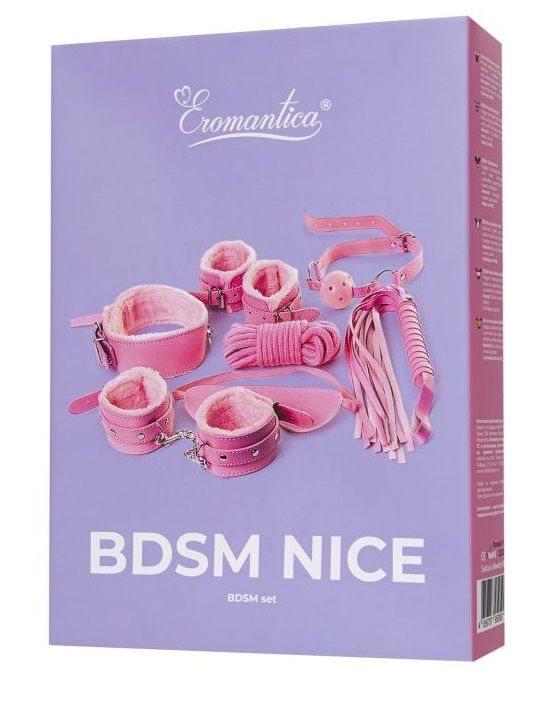 Набор для ролевых игр BDSM Nice. Включает в себя ошейник с поводком, наручники, оковы, плеть, маску на глаза, веревку для связывания. Манжеты имеют приятную внутреннюю поверхность.