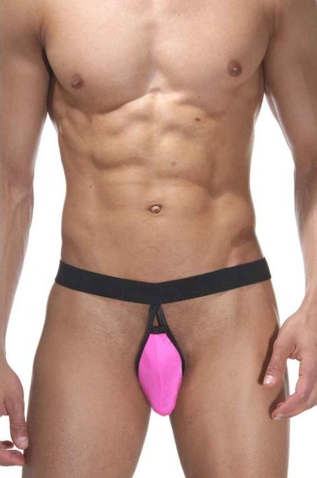 Мужские трусы-стринги на широкой черной резинке, с ярким розовым гладким гульфиком.