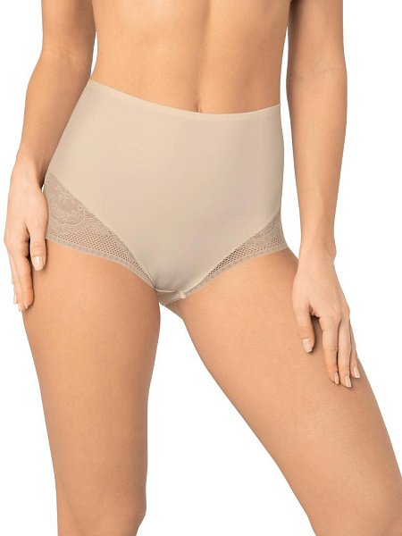Трусы с высокой линией талии. Выполнены из деликатного эластичного полотна. Вырез ножки декорирован плоским кружевом с цветочным рисунком. По талии пришита  эластичная тесьма.  Хлопковая ластовица. Благодаря особенностям кроя изделие абсолютно незаметно под одеждой, при этом трусы обладают легким корректирующим эффектом.