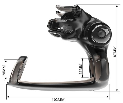 Насадка на пенис с вибратором для клитора в виде головы быка и дополнительным кольцом под головку. Имеет 10 режимов вибрации.  Диаметр колец - 2,8 и 3,5 см.