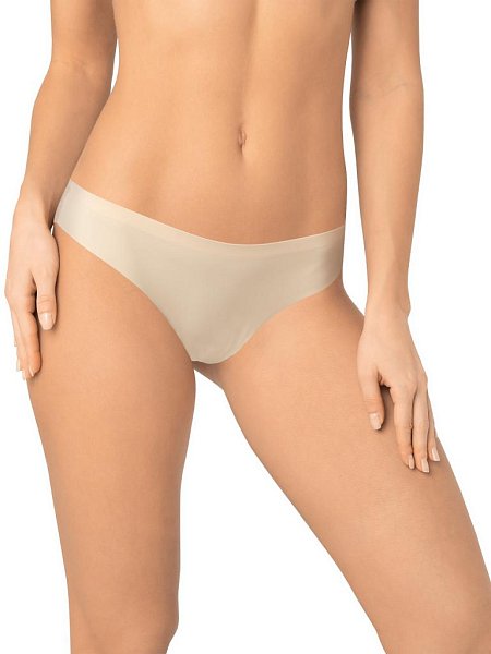 Трусы-бразилиана со средней линией талии. Передняя деталь выполнена из мягкой микрофибры, задняя деталь - из тончайшего плоского кружева. Спереди вырез ножки обработан с использованием технологии лазерного края. Спереди линия талии проклеена вподгибку, сзади по талии пришита деликатная эластичная тесьма.  Хлопковая ластовица притачана к изделию потайным швом. Благодаря особенностям обработки материалов изделие абсолютно незаметно под одеждой.