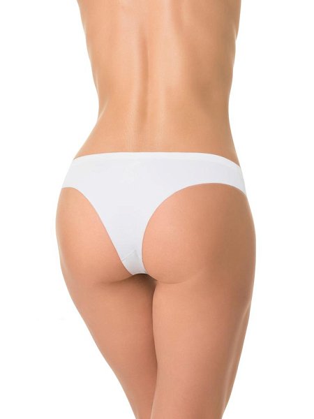 Трусы-бразилиана со средней линией талии. Изделие выполнено из деликатной микрофибры. Вырез ножки обработан с использованием технологии лазерный край. Талия проклеена вподгибку основным полотном. Хлопковая ластовица притачана к изделию потайным швом. Благодаря особенностям обработки материалов изделие абсолютно незаметно под одеждой.
