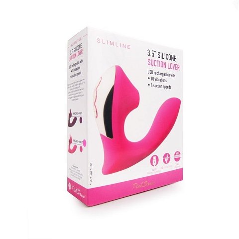 Розовый L-образный вибромассажёр с вакуумной стимуляцией 3,5’’ Silicone Billow Suction Lover. 10 режимов вибрации, 4 режима вакуума.