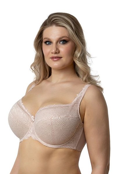 Бюстгальтер на каркасах с дублированной чашкой. Чашки овальной формы с диагональным членением создают округлую наполненную форму. Кружевная верхней детали чашки шире дублированного основания, что в сочетании с широкой кружевной отделкой бретели позволяет сгладить линию перехода от верха чашки к открытому участку груди и с делать бюстгальтер более незаметным под облегающей одеждой. Широкий стан с боковыми упругими пластинами плотно облегает тело и обеспечивает стабильную комфортную посадку бюстгальтера на фигуре.