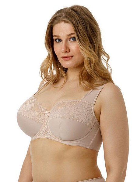 Бюстгальтер на каркасах с мягкой чашкой. Чашки имеют Т-образное членение, что позволяет придать груди правильную округлую форму. Широкий стан с боковыми упругими пластинами плотно облегает тело и обеспечивает стабильную комфортную посадку бюстгальтера на фигуре.