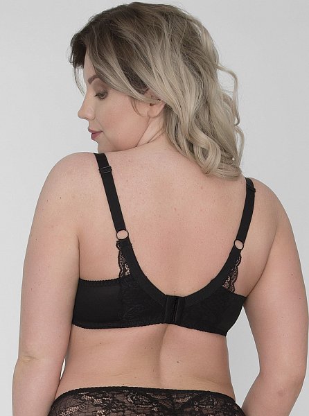 Бюстгальтер A-103 U выполнен на косточках, с боковыми поддержками, чашки шитые по типу чашки лотус с тонким поролоном черного цвета, внутренняя сторона прошита хлопковым трикотажем, внешняя из черной сетки с фантазийной вышивкой зеленой нитью, спинка из плотной стабилизирующей сетки, декорирована черным кружевом. Бретельки не отстёгиваются, регулируются по длине, на спине застёжка - удлинитель на крючках, фурнитура металлическая крашеная.