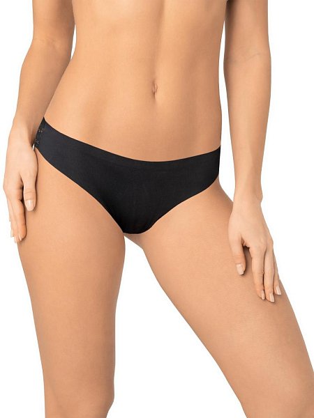 Трусы-бразилиана со средней линией талии. Передняя деталь выполнена из мягкой микрофибры, задняя деталь - из тончайшего плоского кружева. Спереди вырез ножки обработан с использованием технологии лазерного края. Спереди линия талии проклеена вподгибку, сзади по талии пришита деликатная эластичная тесьма.  Хлопковая ластовица притачана к изделию потайным швом. Благодаря особенностям обработки материалов изделие абсолютно незаметно под одеждой.