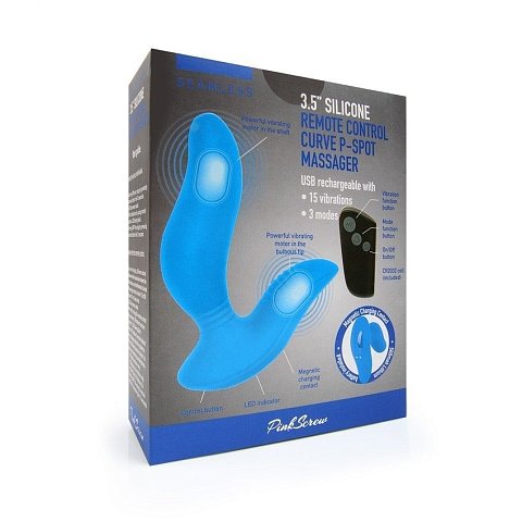 Синий вибромассажер простаты 3,5’’ Remote Control Curve P-spot Massager. 15 режимов вибрации. Два виброэлемента - в стволе и в основании. Дистанционный пульт управления. Рабочая длина - 10,5 см.