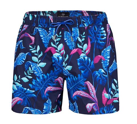 Мужские пляжные шорты от Doreanse тёмно-синего цвета с ярким тропическим принтом. Очень мягкий и приятный для тела материал. Внутри вшита эластичная поддерживающая сеточка. По бокам 2 удобных вшивных кармана, сзади 1 карман с застёжкой-молнией. В эластичный пояс вставлен регулирующий шнурок с логотипом «Doreanse» и стильными металлическими наконечниками.