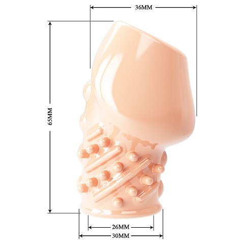 Насадка на пенис. Материал мягкий и эластичный, но достаточно прочный, чтобы оставаться на пенисе. Он подходит для любого обхвата, плотно прилегает к коже, задерживает кровь и помогает достичь более длительной и сильной эрекции. Он также подходит для постепенной тренировки потенции и продления приятного времени за счет уменьшения стимуляции чувствительных участков головки, задерживая эякуляцию.