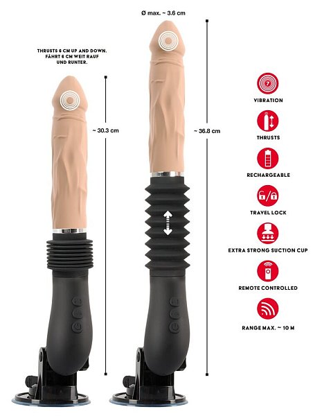 Вибратор в виде пениса. Со съемной присоской. Практичный пульт дистанционного управления. Длина фрикции 6,5 см. 3 скорости фрикций, 7 режимов вибрации. Толчки  и вибрации можно регулировать отдельно. Бархатисто-шелковистый силикон. Сильная всасывающая база, регулируемая под углом 90 градусов. Перезаряжаемый девайс - в комплекте USB-кабель для зарядки. Длина фрикции - 6,5 см.
