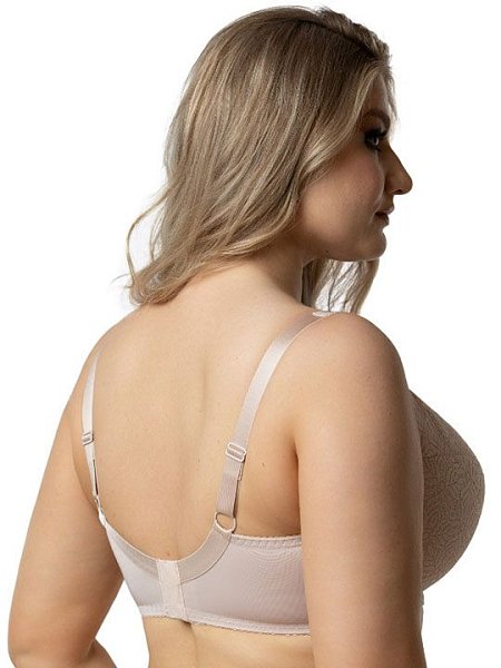 Бюстгальтер на каркасах с дублированной чашкой. Чашки овальной формы с диагональным членением создают округлую наполненную форму. Кружевная верхней детали чашки шире дублированного основания, что в сочетании с широкой кружевной отделкой бретели позволяет сгладить линию перехода от верха чашки к открытому участку груди и с делать бюстгальтер более незаметным под облегающей одеждой. Широкий стан с боковыми упругими пластинами плотно облегает тело и обеспечивает стабильную комфортную посадку бюстгальтера на фигуре.