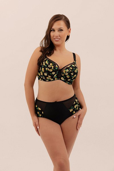 Бюстгальтер A-222 M выполнен на косточках, с боковыми поддержками для предотвращения скатывания пояса, чашки мягкие шитые из гипюра с принтом  в виде лимончиков, с боковым подкроем, с Т-образным швом, продублированы черной стабилизирующей сеткой. Спинка из плотной стабилизирующей сетки. Бретельки не съемные, регулируются по длине, на спине застёжка - удлинитель на крючках, фурнитура металлическая крашеная.