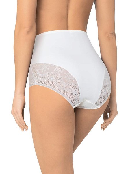 Трусы с высокой линией талии. Выполнены из деликатного эластичного полотна. Вырез ножки декорирован плоским кружевом с цветочным рисунком. По талии пришита  эластичная тесьма.  Хлопковая ластовица. Благодаря особенностям кроя изделие абсолютно незаметно под одеждой, при этом трусы обладают легким корректирующим эффектом.