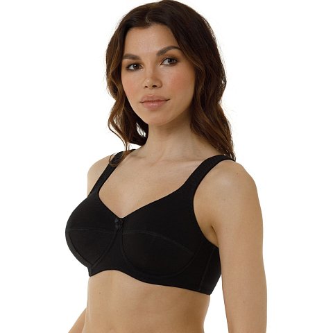 Бюстгальтер без каркасов с мягкой чашкой. Чашки Т-образного членения высоко приподымают грудь и создают округлую наполненную форму. Усиленная бретель снимает нагрузку с плечевого пояса. Широкий стан плотно облегает тело и обеспечивает стабильную комфортную посадку бюстгальтера на фигуре.