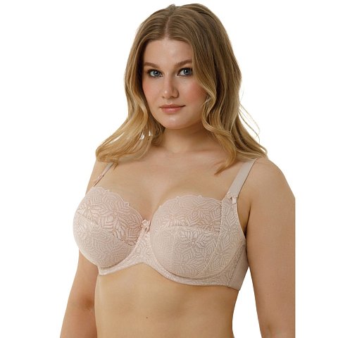 Бюстгальтер на каркасах с мягкой чашкой. Чашки имеют Т-образное членение с боковым подрезом. Эта особенность конструктивного решения позволяет не только придать груди правильную округлую форму, но и обеспечивает высокую поддержку даже для очень большой груди.