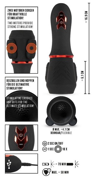 Очень удобный компактный мастурбатор Glans с 2 моторчиками от Rebel, который ласкает головку и уздечку полового члена с помощью покалывающих вибраций и бесчисленных мягких утолщений и желобков. 2 мотора обеспечивают 10 режимов вибрации и, таким образом, большое разнообразие. Ими можно удобно управлять прямо на игрушке одним нажатием кнопки. Перезаряжаемый - USB-кабель для зарядки входит в комплект. Рабочая длина - 6,1 см.