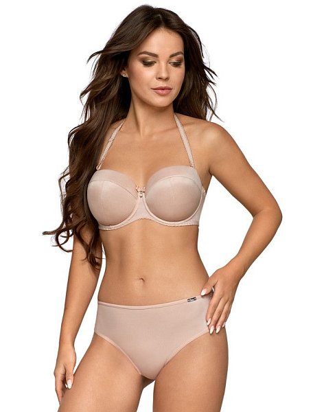 Бюстгальтер 1787 выполнен на косточках, с дополнительными боковыми поддержками, чашки шитые на тонком поролоне со съёмными вкладышами пуш-ап, внешняя сторона из гладкого трикотажа. Бретельки отстёгиваются, регулируются по длине. Силиконовая полоска на спинке позволяет носить бюстгальтер без бретелей. Пояс из плотной корректирующей сетки. На спине застёжка на удлинитель, количество крючков в ряду застёжки увеличивается пропорционально размеру бюстгальтера.