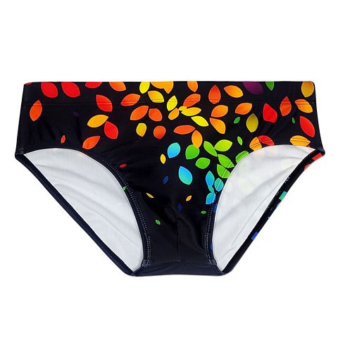 Черные мужские плавки с цветными листиками.