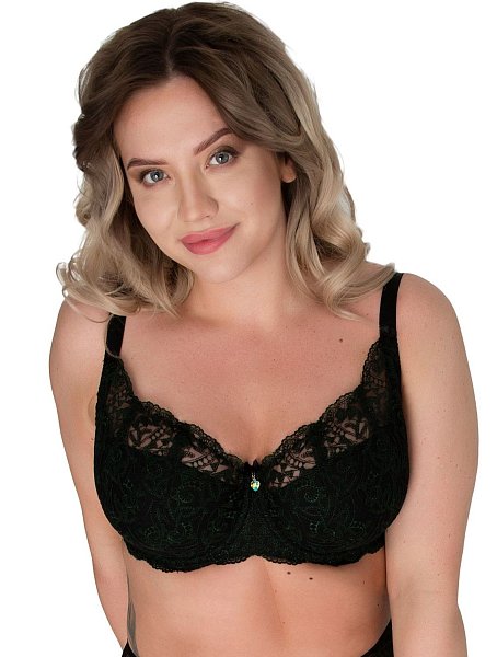 Бюстгальтер A-103 U выполнен на косточках, с боковыми поддержками, чашки шитые по типу чашки лотус с тонким поролоном черного цвета, внутренняя сторона прошита хлопковым трикотажем, внешняя из черной сетки с фантазийной вышивкой зеленой нитью, спинка из плотной стабилизирующей сетки, декорирована черным кружевом. Бретельки не отстёгиваются, регулируются по длине, на спине застёжка - удлинитель на крючках, фурнитура металлическая крашеная.