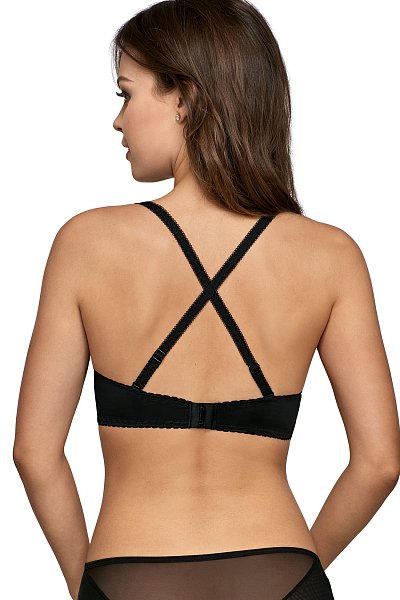 Бюстгальтер 1787 выполнен на косточках, с дополнительными боковыми поддержками, чашки шитые на тонком поролоне со съёмными вкладышами пуш-ап, внешняя сторона из гладкого трикотажа. Бретельки отстёгиваются, регулируются по длине. Силиконовая полоска на спинке позволяет носить бюстгальтер без бретелей. Пояс из плотной корректирующей сетки. На спине застёжка на удлинитель, количество крючков в ряду застёжки увеличивается пропорционально размеру бюстгальтера.