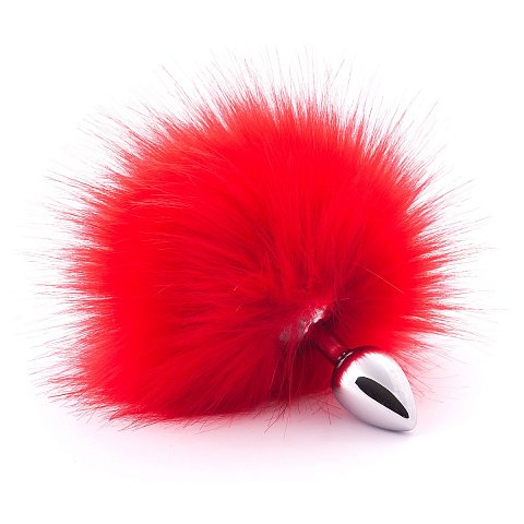 Серебристая анальная пробка с красным хвостиком. Искусственный эко-мех. Диаметр хвоста — 15 см.