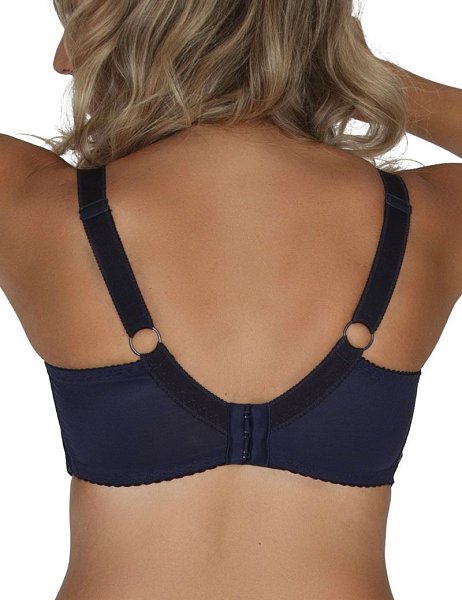 Бюстгальтер A-71 M в темно-синем цвете выполнен на косточках, с боковыми поддержками, чашки мягкие, шитые из гипюра с цветочным рисунком, продублированы телесной сеткой, верх чашек из сетки и кружева с «ресничками», спинка из плотной сетки. Бретельки не съемные, регулируются по длине, на спине застёжка - удлинитель на крючках, фурнитура металлическая крашеная.