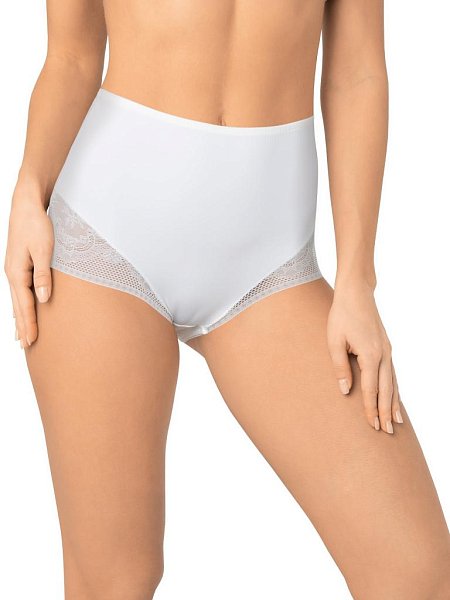 Трусы с высокой линией талии. Выполнены из деликатного эластичного полотна. Вырез ножки декорирован плоским кружевом с цветочным рисунком. По талии пришита  эластичная тесьма.  Хлопковая ластовица. Благодаря особенностям кроя изделие абсолютно незаметно под одеждой, при этом трусы обладают легким корректирующим эффектом.