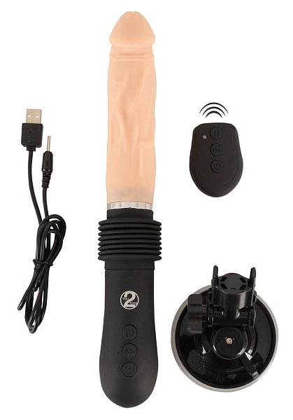 Вибратор в виде пениса. Со съемной присоской. Практичный пульт дистанционного управления. Длина фрикции 6,5 см. 3 скорости фрикций, 7 режимов вибрации. Толчки  и вибрации можно регулировать отдельно. Бархатисто-шелковистый силикон. Сильная всасывающая база, регулируемая под углом 90 градусов. Перезаряжаемый девайс - в комплекте USB-кабель для зарядки. Длина фрикции - 6,5 см.