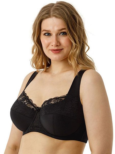 Бюстгальтер на каркасах с мягкой чашкой. Чашки имеют Т-образное членение, что позволяет придать груди правильную округлую форму. Широкий стан с боковыми упругими пластинами плотно облегает тело и обеспечивает стабильную комфортную посадку бюстгальтера на фигуре.