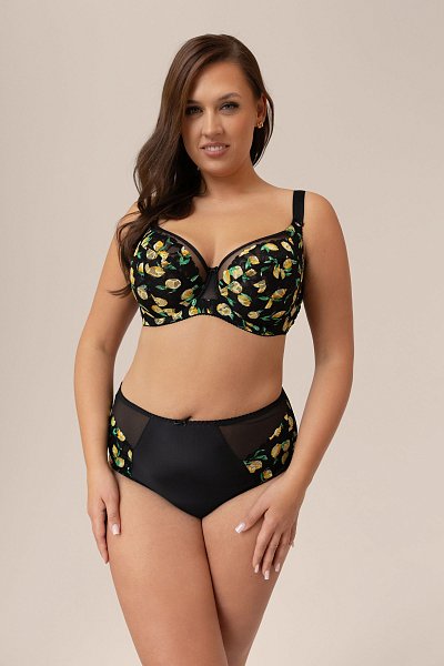 Женские трусики-бразилиана спереди выполнены из микрофибры, по бокам вставки из гипюра с принтом в виде лимончиков, продублированы черной сеткой, спинка из сетки, сложенной вдвое, ластовица проложена 100% хлопком. Идеальный вариант для повседневной носки.