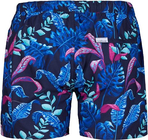 Мужские пляжные шорты от Doreanse тёмно-синего цвета с ярким тропическим принтом. Очень мягкий и приятный для тела материал. Внутри вшита эластичная поддерживающая сеточка. По бокам 2 удобных вшивных кармана, сзади 1 карман с застёжкой-молнией. В эластичный пояс вставлен регулирующий шнурок с логотипом «Doreanse» и стильными металлическими наконечниками.